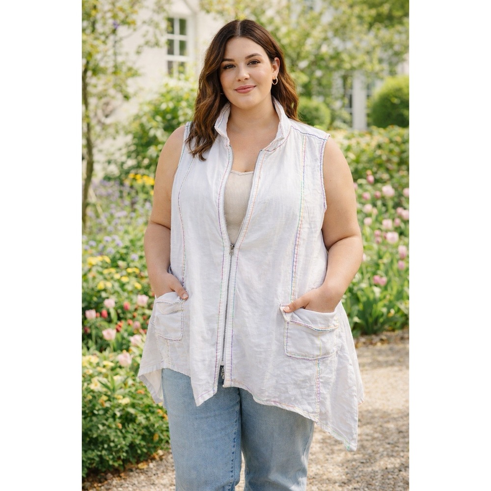 Cynthia Linen Zip Up Vest Women's 2X White Rainbow Asymmetric Lagenlook Pockets